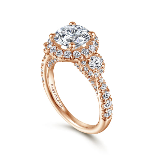 14K Rose Gold Round Three Stone Halo Diamond Engagement Ring