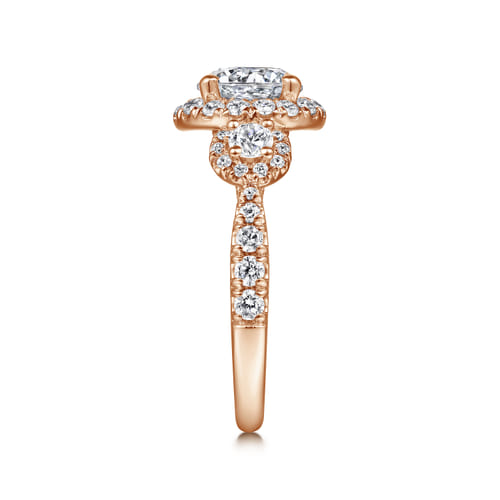 14K Rose Gold Round Three Stone Halo Diamond Engagement Ring