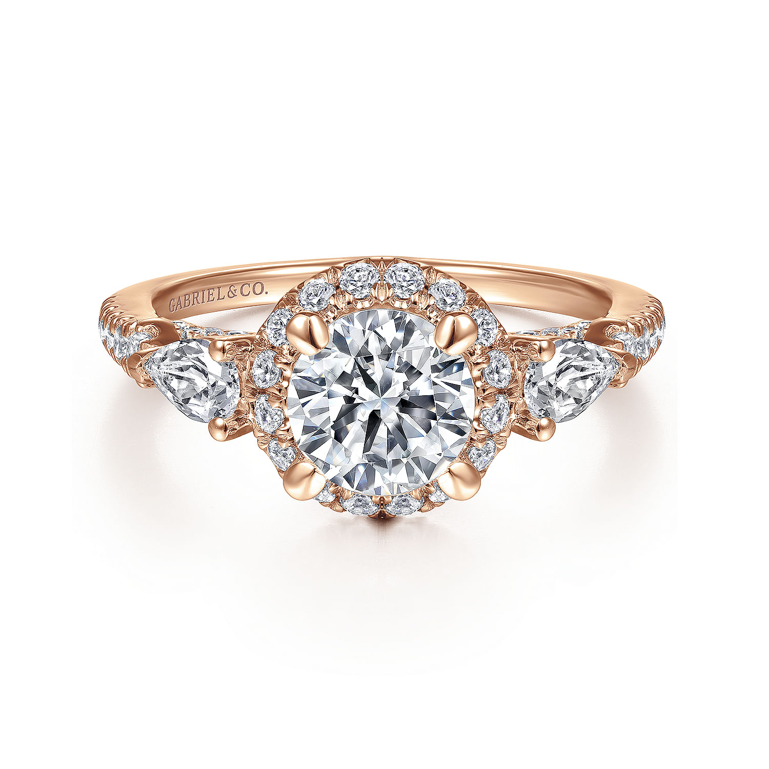 Gabriel - 14K Rose Gold Round Three Stone Halo Diamond Engagement Ring