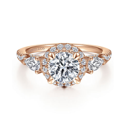 14K Rose Gold Round Three Stone Halo Diamond Engagement Ring