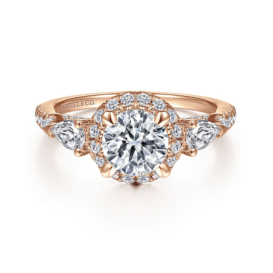 Gabriel - 14K Rose Gold Round Three Stone Halo Diamond Engagement Ring