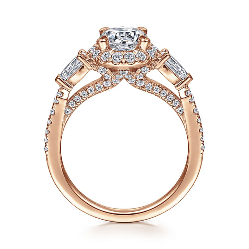 14K Rose Gold Round Three Stone Halo Diamond Engagement Ring