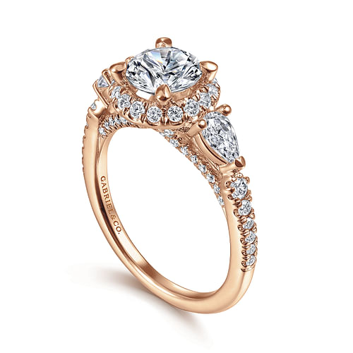 14K Rose Gold Round Three Stone Halo Diamond Engagement Ring