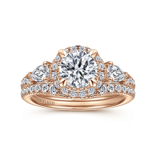 14K Rose Gold Round Three Stone Halo Diamond Engagement Ring