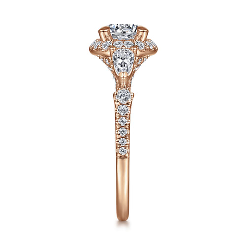 14K Rose Gold Round Three Stone Halo Diamond Engagement Ring