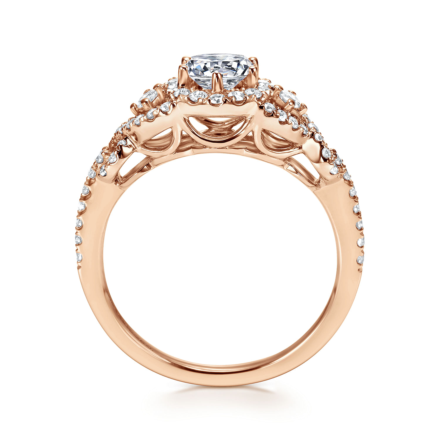 14K Rose Gold Round Three Stone Halo Diamond Engagement Ring