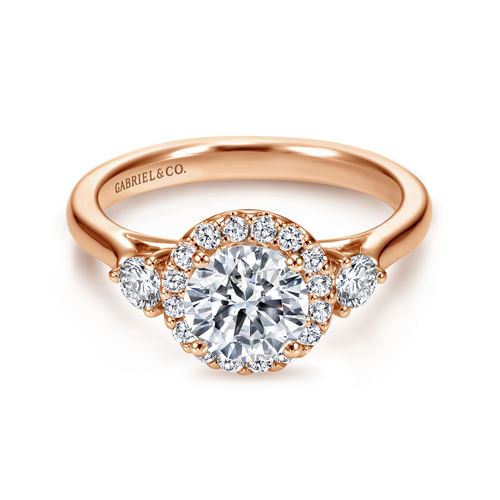 14K Rose Gold Round Three Stone Halo Diamond Engagement Ring
