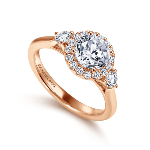 14K Rose Gold Round Three Stone Halo Diamond Engagement Ring