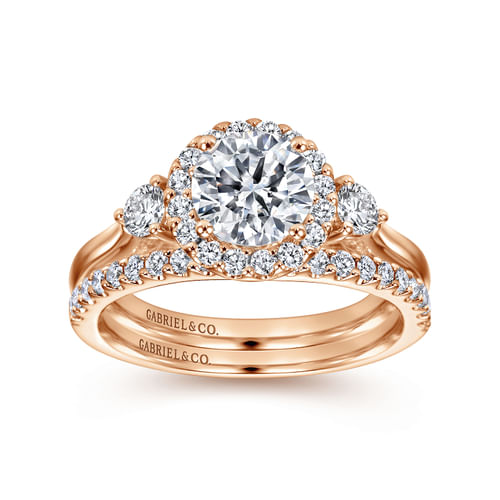 14K Rose Gold Round Three Stone Halo Diamond Engagement Ring