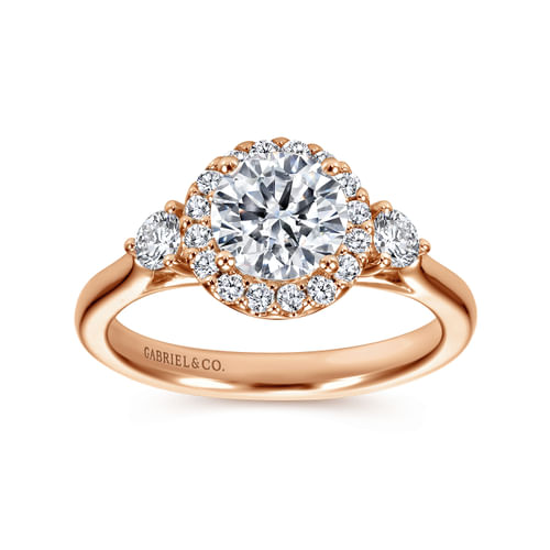 14K Rose Gold Round Three Stone Halo Diamond Engagement Ring
