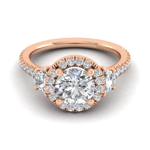 14K Rose Gold Round Three Stone Halo Diamond Engagement Ring