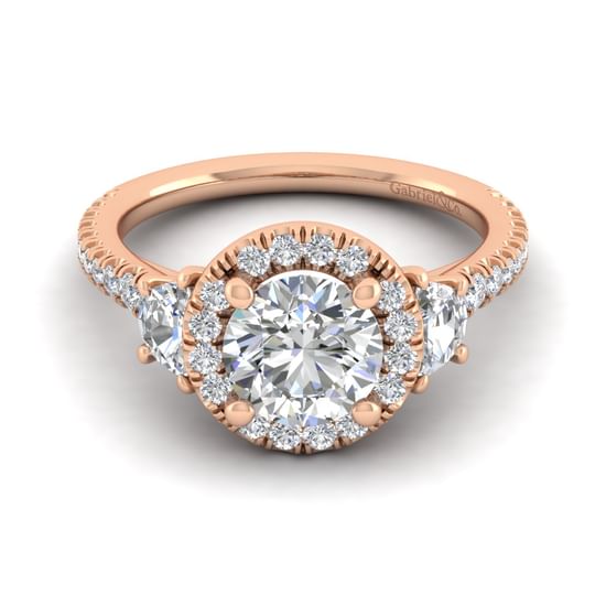 Gabriel - 14K Rose Gold Round Three Stone Halo Diamond Engagement Ring