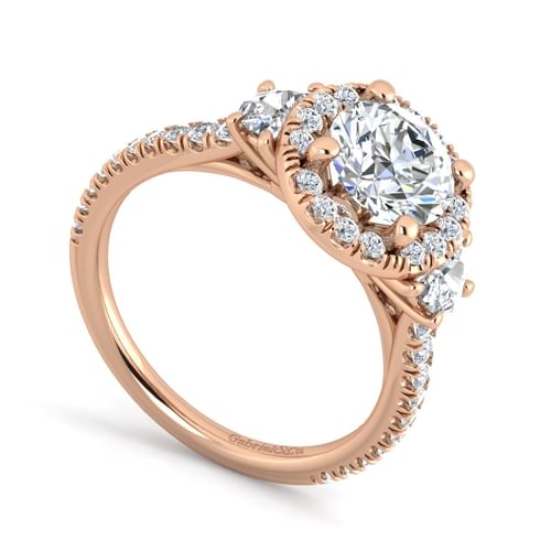 14K Rose Gold Round Three Stone Halo Diamond Engagement Ring