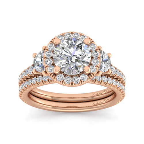 14K Rose Gold Round Three Stone Halo Diamond Engagement Ring
