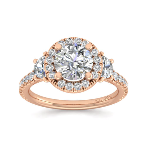 14K Rose Gold Round Three Stone Halo Diamond Engagement Ring