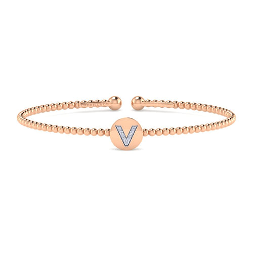 14K Rose Gold Round V Initial Diamond Bujukan Cuff Bracelet