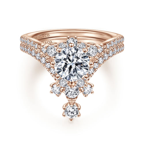 14K Rose Gold Round V Shape Diamond Engagement Ring