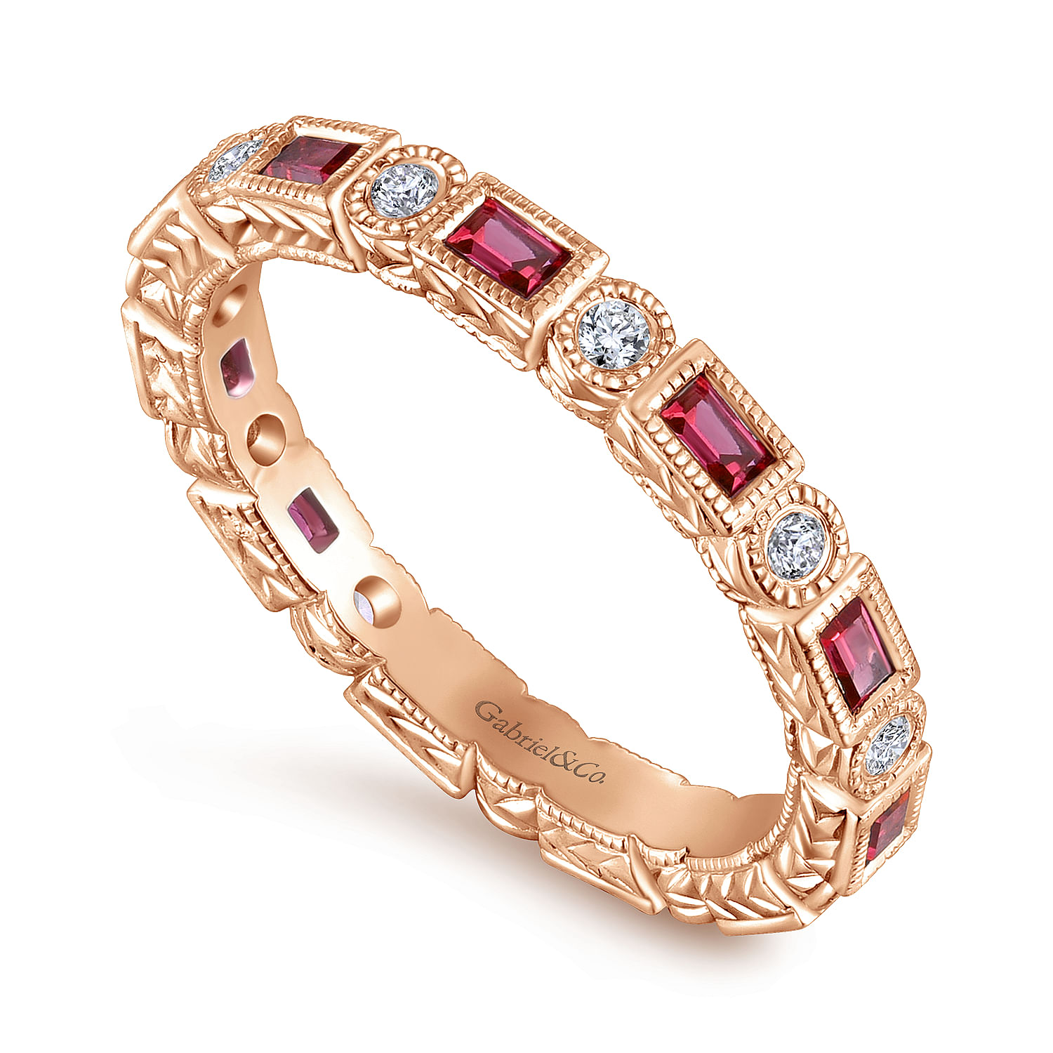 14K Rose Gold Ruby Baguette and Diamond Round Eternity Ring