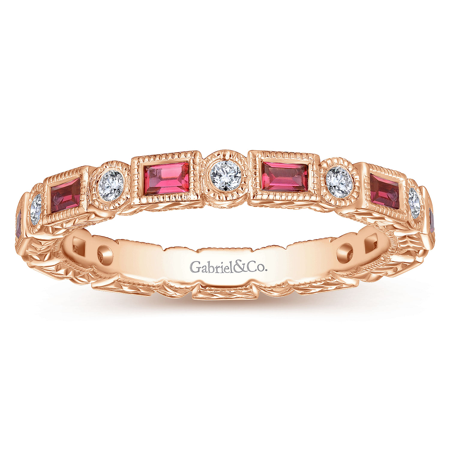 14K Rose Gold Ruby Baguette and Diamond Round Eternity Ring