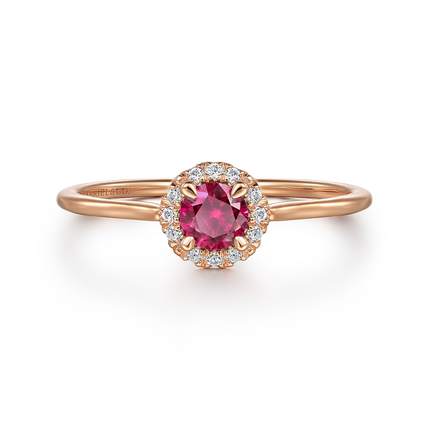 14K Rose Gold Ruby and Diamond Halo Promise Ring