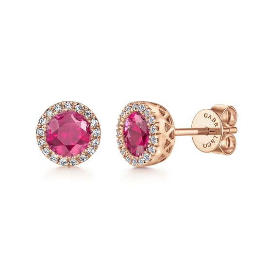 Gabriel - 14K Rose Gold Ruby&Dia Halo Stud Earrings