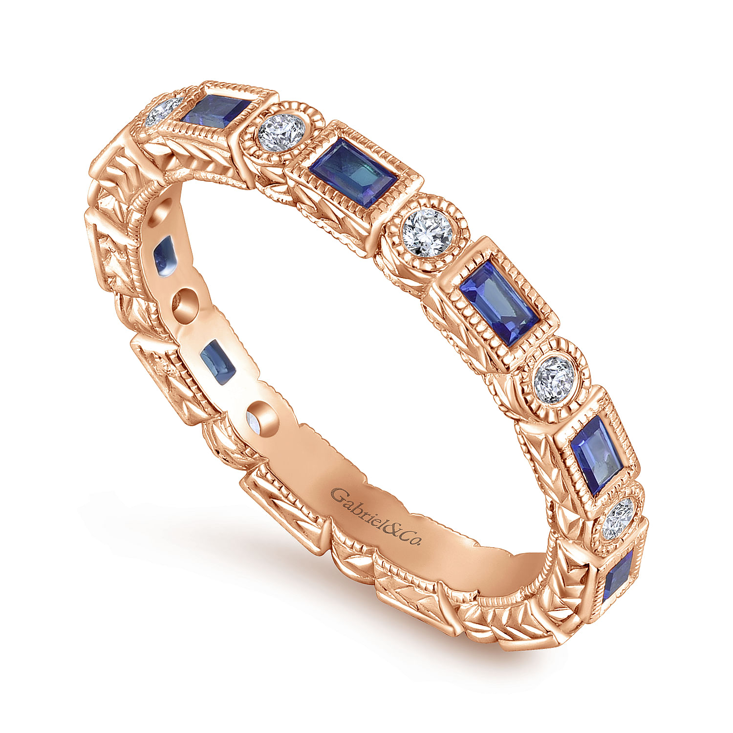 14K Rose Gold Sapphire Baguette and Diamond Round Eternity Ring