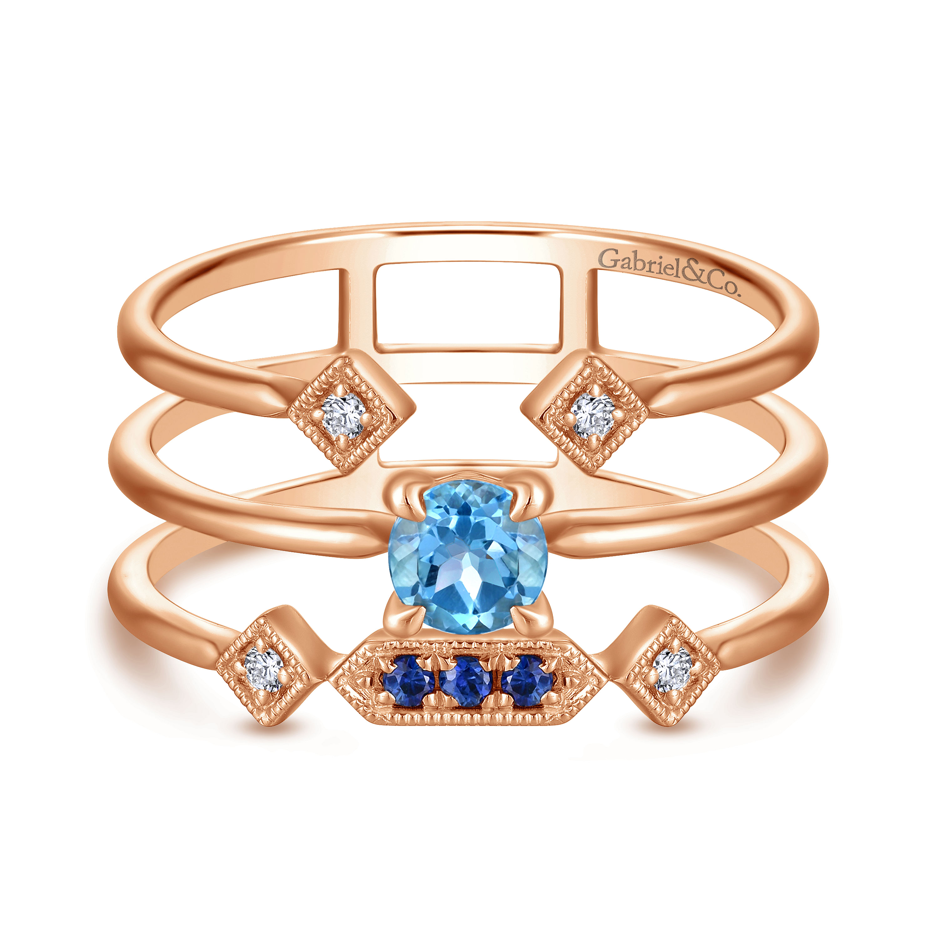 14K Rose Gold Sapphire and Blue Topaz and Diamond Ladies Ring