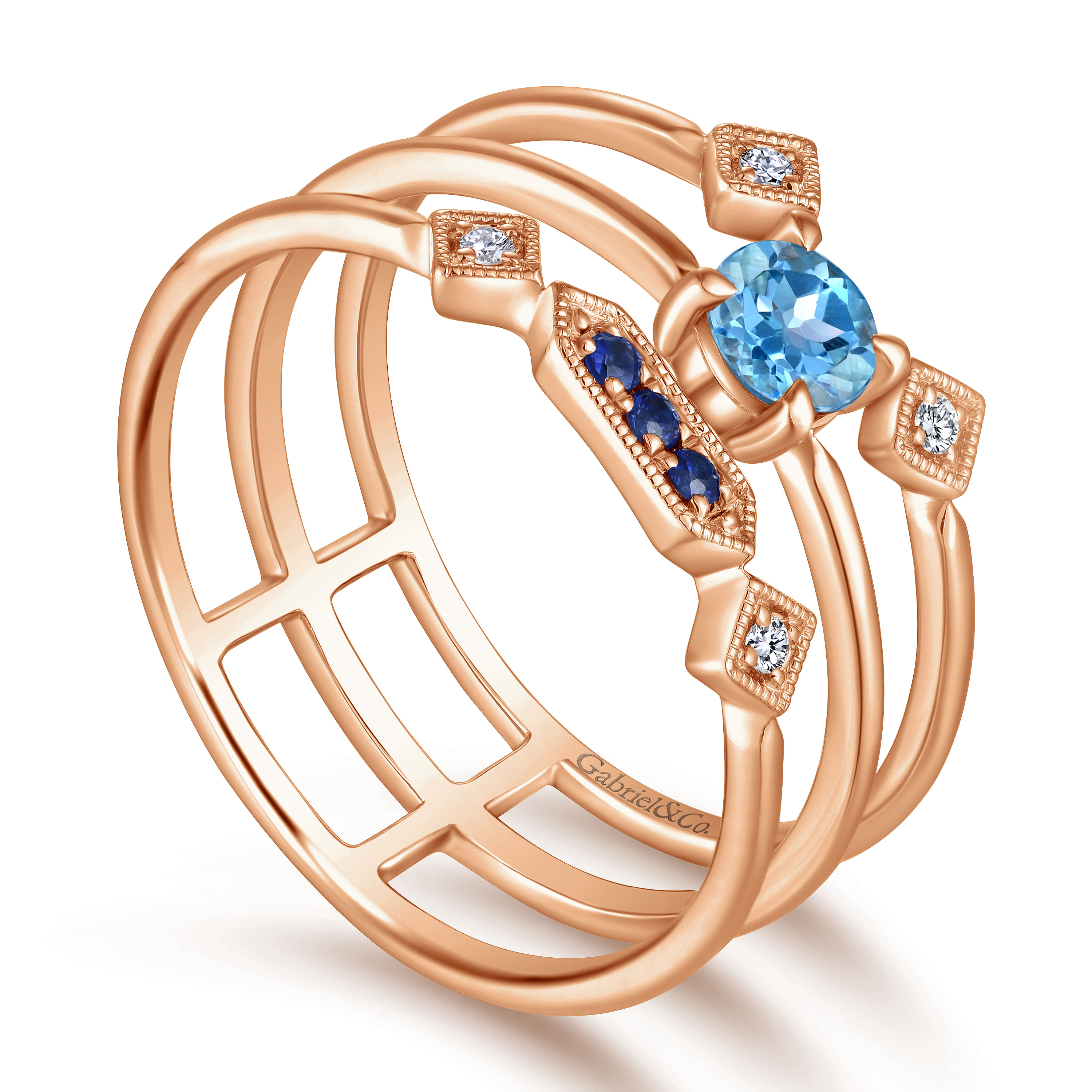 14K Rose Gold Sapphire and Blue Topaz and Diamond Ladies Ring