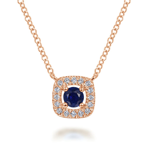 14K Rose Gold Sapphire and Cushion Shape Diamond Halo Pendant Necklace