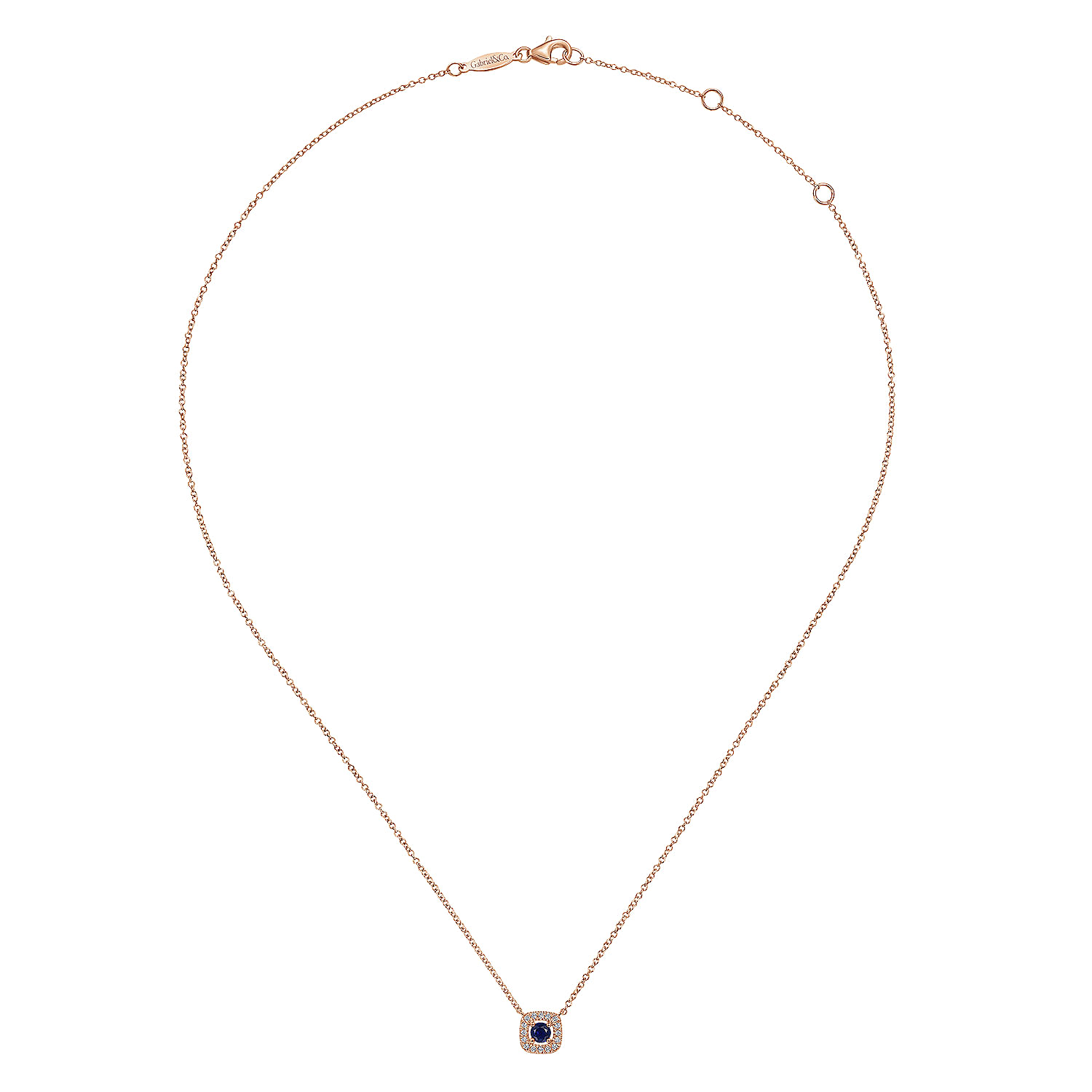 14K Rose Gold Sapphire and Cushion Shape Diamond Halo Pendant Necklace