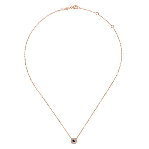 14K Rose Gold Sapphire and Cushion Shape Diamond Halo Pendant Necklace