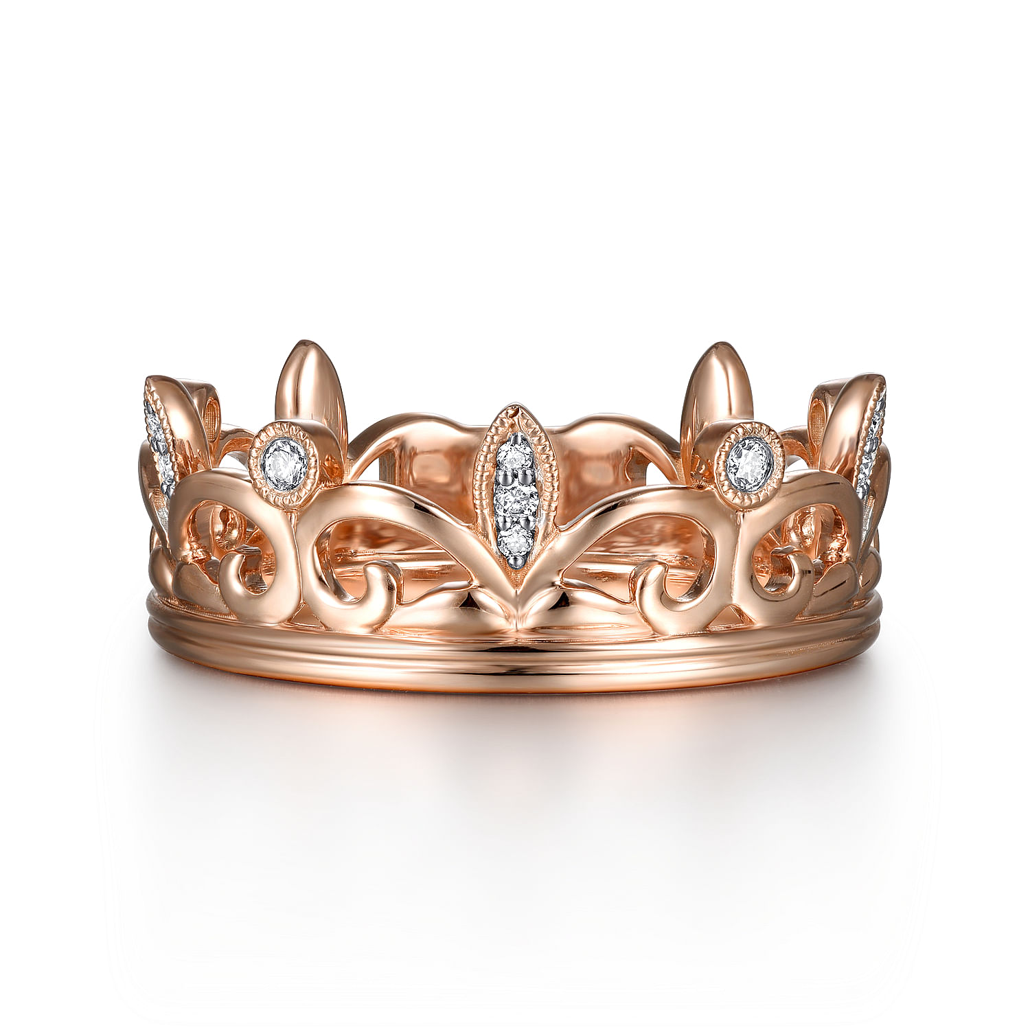 14K Rose Gold Scrolling Diamond Crown Ring