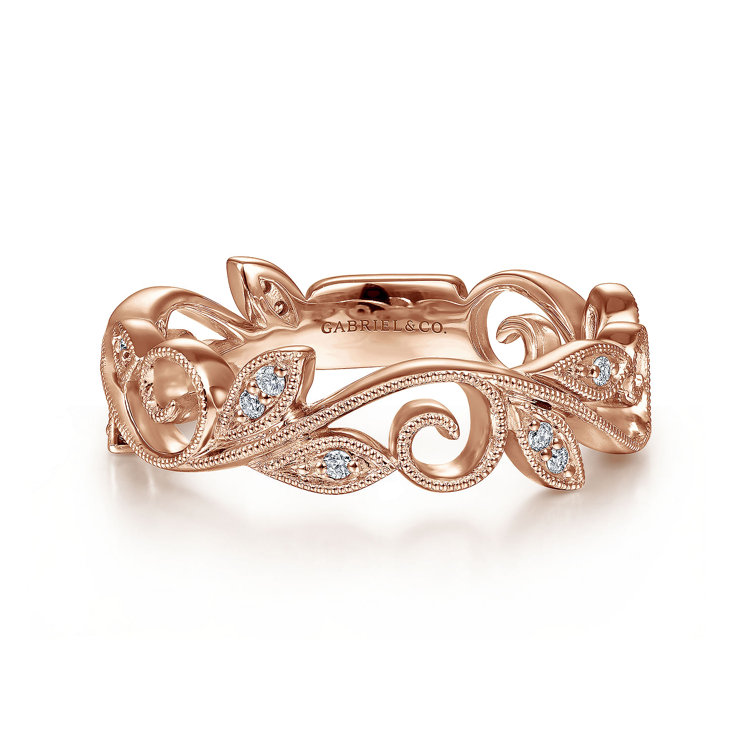 14K Rose Gold Scrolling Floral Diamond Stackable Ring