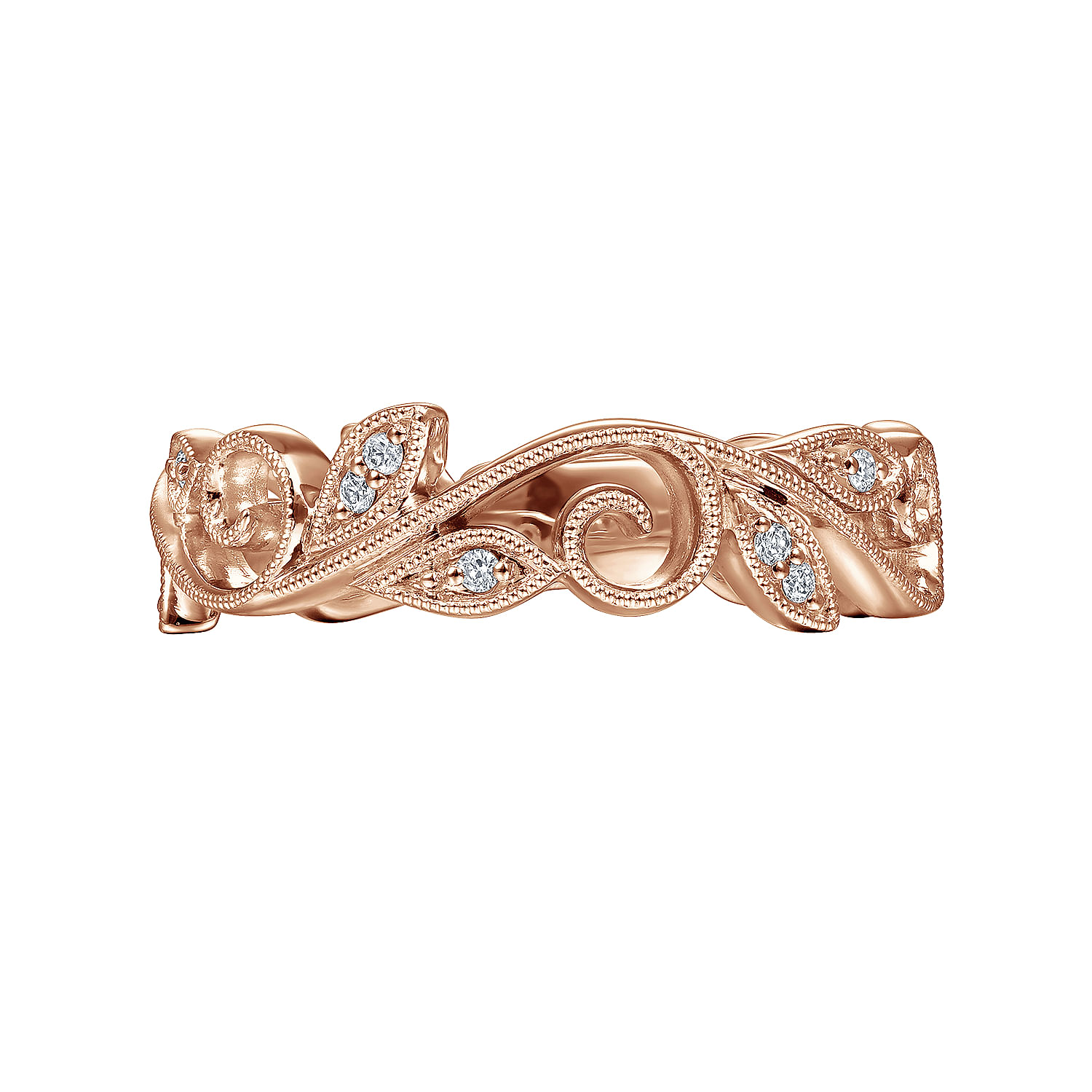 14K Rose Gold Scrolling Floral Diamond Stackable Ring