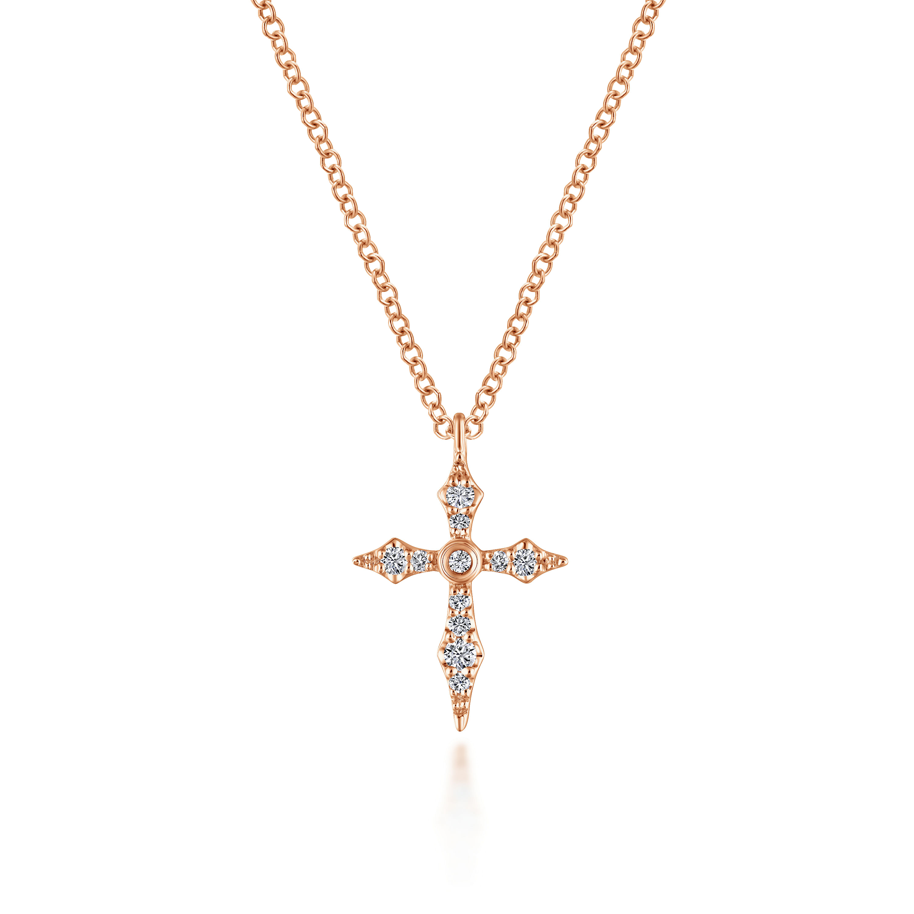 14K Rose Gold Sculpted Diamond Cross Pendant Necklace