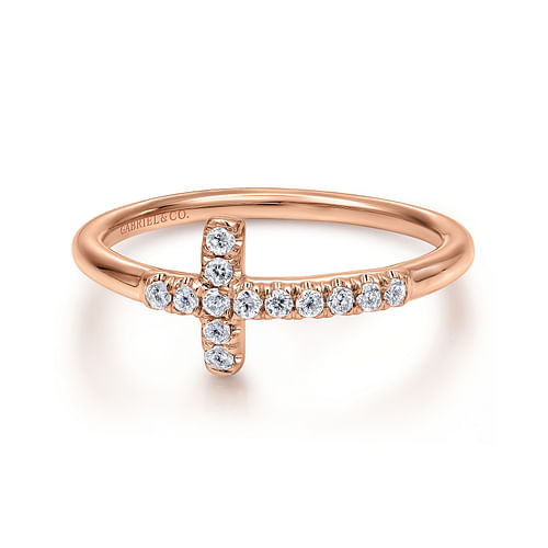 14K Rose Gold Sideway Diamond Cross Ring