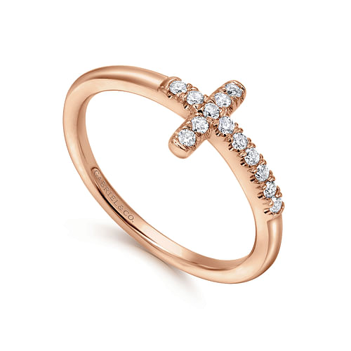 14K Rose Gold Sideway Diamond Cross Ring