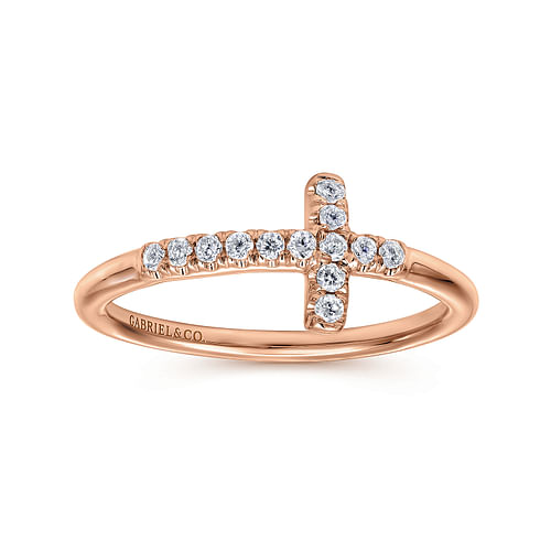 14K Rose Gold Sideway Diamond Cross Ring