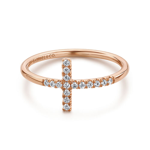 14K Rose Gold Sideways Cross Diamond Ring