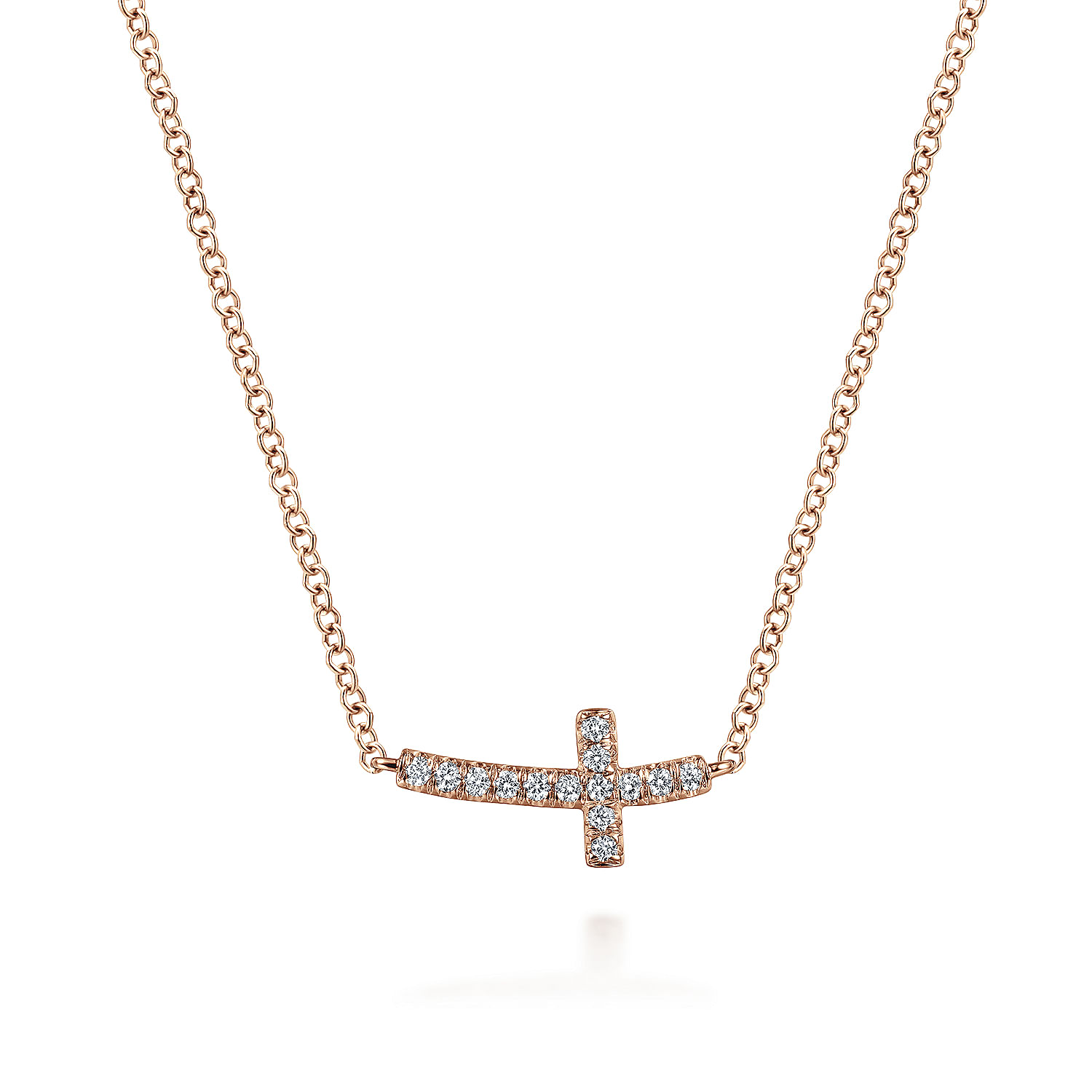 14K Rose Gold Sideways Curved Diamond Cross Necklace