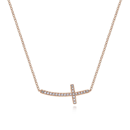 14K Rose Gold Sideways Curved Diamond Cross Necklace