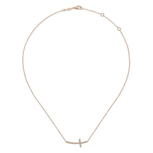 14K Rose Gold Sideways Curved Diamond Cross Necklace