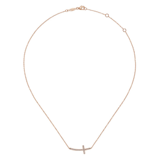 14K Rose Gold Sideways Curved Diamond Cross Necklace angle 2