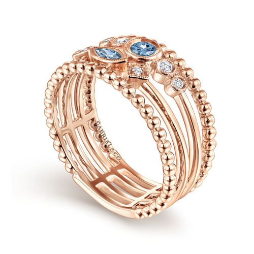 14K Rose Gold Swiss Blue Topaz and Diamond Multi Row Ring