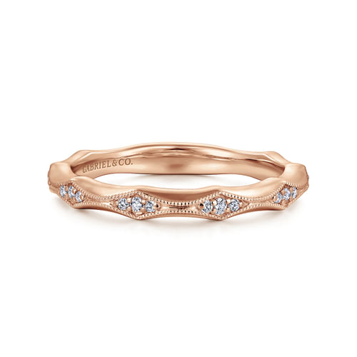 14K Rose Gold Tapering Stations Diamond Anniversary Band with Milgrain