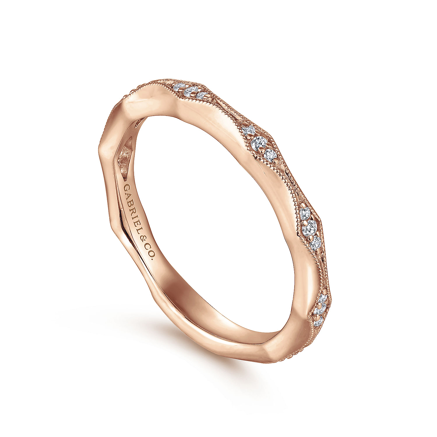 14K Rose Gold Tapering Stations Diamond Anniversary Band with Milgrain