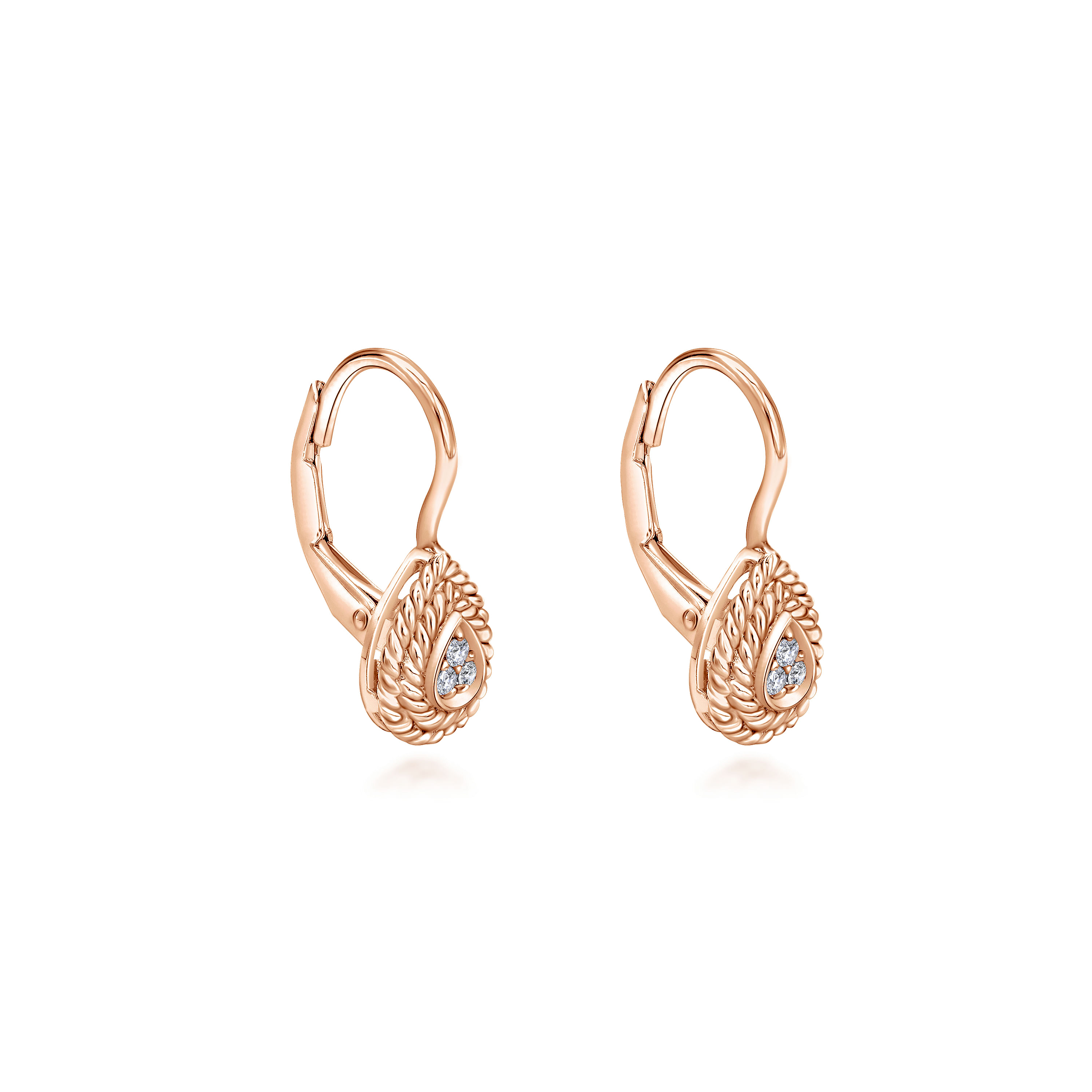 14K Rose Gold Teardrop Diamond Drop Earrings with Twisted Rope Frames
