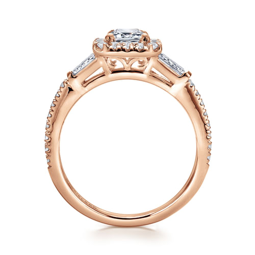 14K Rose Gold Three Stone Halo Emerald Cut Diamond Channel Set Engagement Ring