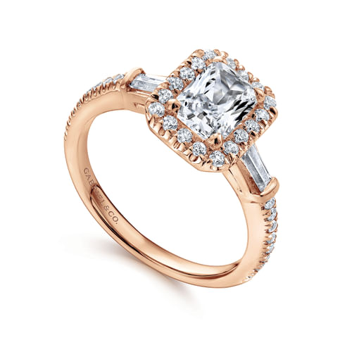 14K Rose Gold Three Stone Halo Emerald Cut Diamond Channel Set Engagement Ring