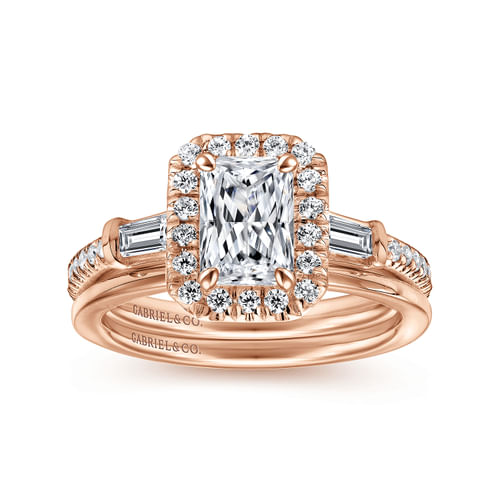 14K Rose Gold Three Stone Halo Emerald Cut Diamond Channel Set Engagement Ring